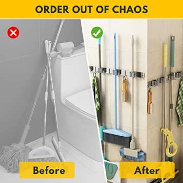 Laufary Broom Holder- Stainless Steel Mop Holder Wall Mount, Broom Storage Rack, Garden Tool Organizer, 4 Racks 5 Hooks For Home, Kitchen, Garden, Tools, Garage Organizing (grey)