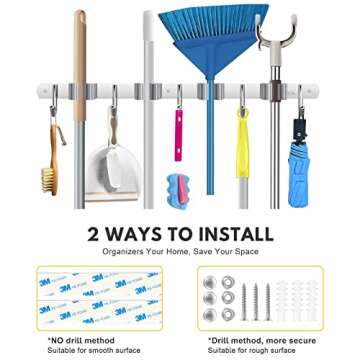 Laufary Broom Holder- Stainless Steel Mop Holder Wall Mount, Broom Storage Rack, Garden Tool Organizer, 4 Racks 5 Hooks For Home, Kitchen, Garden, Tools, Garage Organizing (grey)