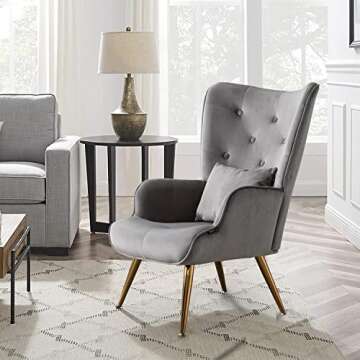 Altrobene Velvet Accent Chair, Tufted Lounge Chair, Contour Arm Chair with Pillow for Living Room Bedroom, Golden Finished, Grey