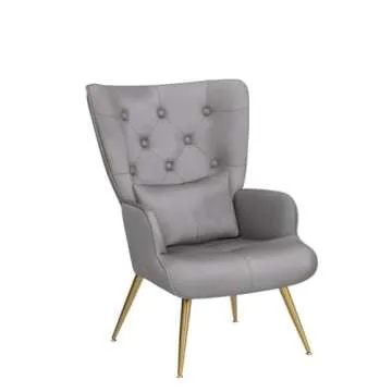 Altrobene Velvet Accent Chair, Tufted Lounge Chair, Contour Arm Chair with Pillow for Living Room Bedroom, Golden Finished, Grey