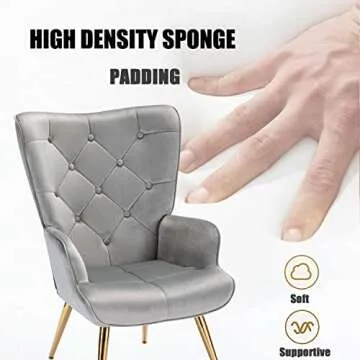 Altrobene Velvet Accent Chair, Tufted Lounge Chair, Contour Arm Chair with Pillow for Living Room Bedroom, Golden Finished, Grey