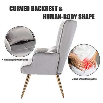 Altrobene Velvet Accent Chair, Tufted Lounge Chair, Contour Arm Chair with Pillow for Living Room Bedroom, Golden Finished, Grey