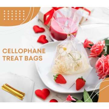 SUREHOME Cellophane Bags, 100 Pack Clear Gift Bags Cellophane Treat Bags with Ties 6x10 Inch Small Cello Candy Bags Plastic Goodie Bags for Party Favors Easter Graduation Cookies Bakery Popcorn Wraps