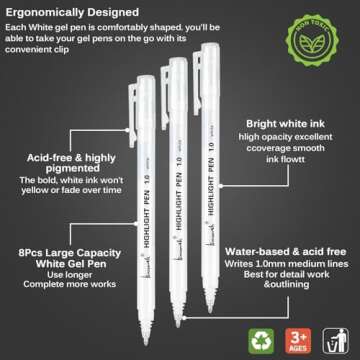 Brusarth White Pens, White Gel Pens for Artists, 1mm Extra Fine Point, White Pens for Black Paper, W...