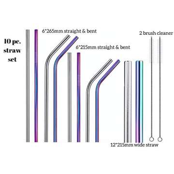 Stainless Steel Drinking Straws | COMPLETE Set - 10 straws, 2 Brush Cleaners & Travel Case | Eco Friendly | Straight & Bent PLUS Wide Smoothie/Boba Straws | Perfect For 20, 30oz. Yeti/RTC Tumblers etc