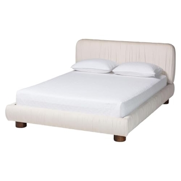 Baxton Studio Emsley Pleated Velvet Platform Bed, Queen Size, Ivory