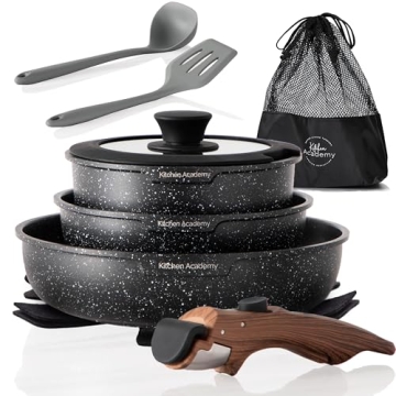Kitchen Academy Detachable Handle Cooking Pots and Pans - 10 Piece Non-stick Set for RV and Camping