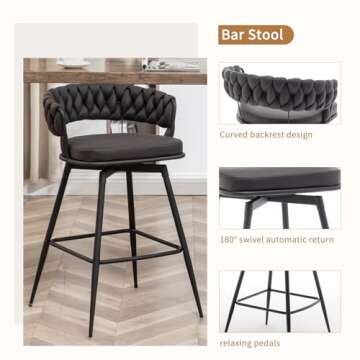 Canxkun Counter Height Bar Stools Set of 4, 26 inch Modern Bar Chairs with Woven Back, 360° Swivel Bar Stools for Kitchen Island, Cafe, Bar Counter (Black)