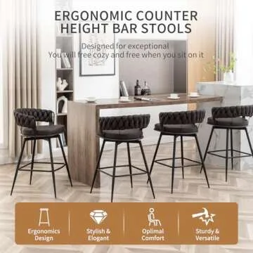 Canxkun Counter Height Bar Stools Set of 4, 26 inch Modern Bar Chairs with Woven Back, 360° Swivel Bar Stools for Kitchen Island, Cafe, Bar Counter (Black)