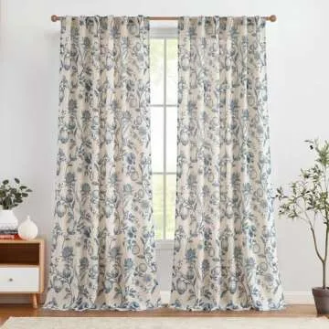 jinchan Linen Curtains Floral Curtains for Living Room 96 Inch Long Blue French Rod Pocket Light Fil...