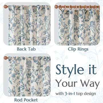jinchan Linen Curtains Floral Curtains for Living Room 96 Inch Long Blue French Rod Pocket Light Filtering Toile Print Farmhouse Bedroom Curtains Window Drapes Set 2 Panels