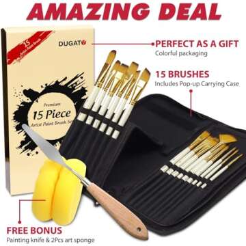 DUGATO Artist Paint Brush Set 15pcs Includes Pop-up Carrying Case with Painting Knife and 2 Sponges ...