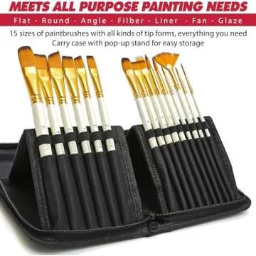DUGATO Artist Paint Brush Set 15pcs Includes Pop-up Carrying Case with Painting Knife and 2 Sponges for Acrylic, Oil, Watercolor, Art, Scale Model, Face, Paint by Numbers
