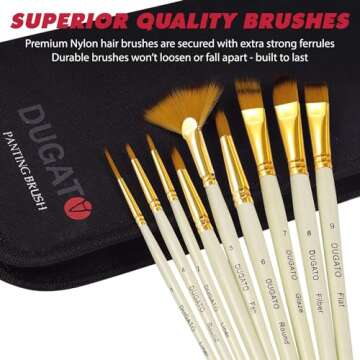 DUGATO Artist Paint Brush Set 15pcs Includes Pop-up Carrying Case with Painting Knife and 2 Sponges for Acrylic, Oil, Watercolor, Art, Scale Model, Face, Paint by Numbers