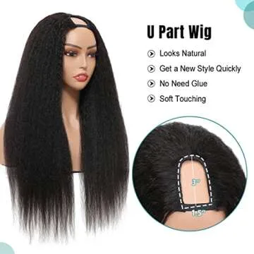 U Part Wig Human Hair Kinky Straight Human Hair Wigs, 22 inch Half Wig Italian Upart Human Hair Wigs for Black Women Upgraded U Shape Clip in Wigs Yaki Straight