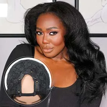 U Part Wig Human Hair Kinky Straight Human Hair Wigs, 22 inch Half Wig Italian Upart Human Hair Wigs for Black Women Upgraded U Shape Clip in Wigs Yaki Straight