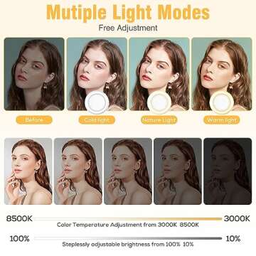 Ring Light, 3 Light Mode Selfie Light Rechargeable Large Capacity Battery Portable 60 LED Adjustable...