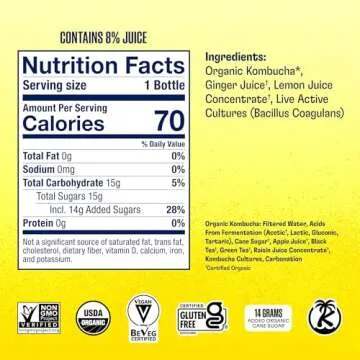 Health-Ade Kombucha Tea Organic Drink, Fermented Tea with Living Probiotics, Detoxifying Acids, Supports Gut Health, Non-GMO, Vegan, Gluten Free, 12 Pack (16 Fl Oz Bottles), Ginger-Lemon