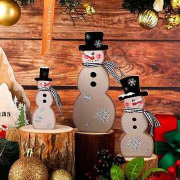 Suzile 3 Pcs Winter Snowman Tabletop Decorations – Rustic Wooden Ornaments