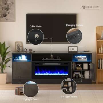 Kucreiheat 70'' TV Stand with 36'' Fireplace-LED Light Entertainment Center for 75+ inch TV-Black TV...