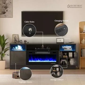 Kucreiheat 70'' TV Stand with 36'' Fireplace-LED Light Entertainment Center for 75+ inch TV-Black TV...