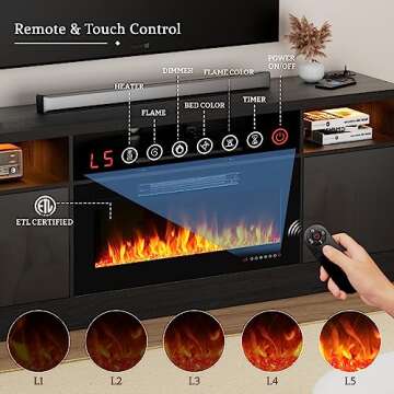 Kucreiheat 70'' TV Stand with 36'' Fireplace-LED Light Entertainment Center for 75+ inch TV-Black TV Cabinet with Storage, Modern TV Console for Living Room