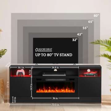 Kucreiheat 70'' TV Stand with 36'' Fireplace-LED Light Entertainment Center for 75+ inch TV-Black TV Cabinet with Storage, Modern TV Console for Living Room