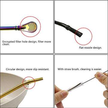 Stainless Steel Straw Filter Spoon, Yerba Mate Bombilla, Loose Leaf Tea Strainer, Tea Straw for Drinking Coffee, Cocktail, Pack of 5 with Cleaning Brush (5 colors)