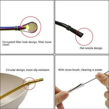 Stainless Steel Straw Filter Spoon, Yerba Mate Bombilla, Loose Leaf Tea Strainer, Tea Straw for Drinking Coffee, Cocktail, Pack of 5 with Cleaning Brush (5 colors)