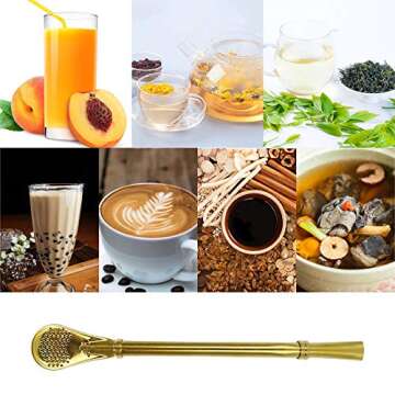 Stainless Steel Straw Filter Spoon, Yerba Mate Bombilla, Loose Leaf Tea Strainer, Tea Straw for Drinking Coffee, Cocktail, Pack of 5 with Cleaning Brush (5 colors)