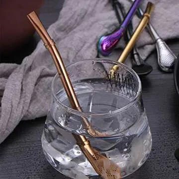 Stainless Steel Straw Filter Spoon, Yerba Mate Bombilla, Loose Leaf Tea Strainer, Tea Straw for Drinking Coffee, Cocktail, Pack of 5 with Cleaning Brush (5 colors)