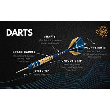 SHOT TAKER CO. EST. 2017 6pc Steel Tip Darts Set - Professional Darts for Dartboard - Includes Barrels + Plastic/Aluminum Shafts + O'Rings + Flights + Sharpener + Wrench (21g-Blue C-10413)