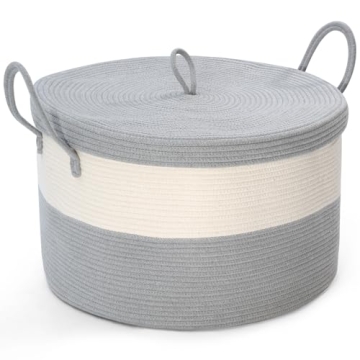 Noonkty XXL Blanket Basket with Lid, Woven Baskets for Storage 21.7" x 13.8" Cotton Rope Basket with...