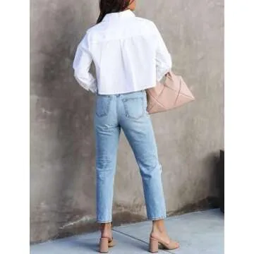 INFITTY Women's Stylish Cropped Button Down Shirt