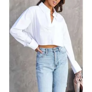 INFITTY Women's Stylish Cropped Button Down Shirt