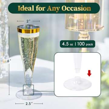 FOCUSLINE 100 Pack Plastic Champagne Flutes, 4.5 Oz Gold Rim Disposable Toasting Glasses