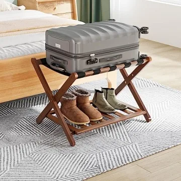 Smuxee Fully Assembled Walnut Luggage Rack - Bamboo Foldable Suitcase Stand with Shelf