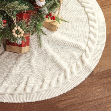 LimBridge Knitted Christmas Tree Skirt: 36 Inches Cream White Tree Skirt, Chunky Cable Knit Thick Ru...