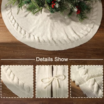 LimBridge Knitted Christmas Tree Skirt: 36 Inches Cream White Tree Skirt, Chunky Cable Knit Thick Rustic Christmas Tree Decorations, Farmhouse Christmas Decor Xmas Holiday Home Party Decorations