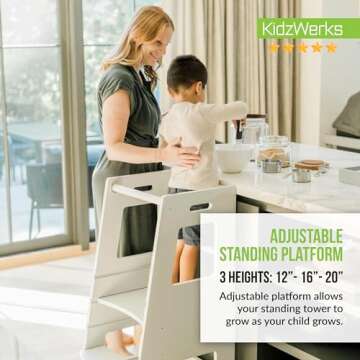 KidzWerks Child Standing Tower Kids Kitchen Step Stool Toddler Wood Stepping Stool - Children's Montessori Stool - Adjustable Platform