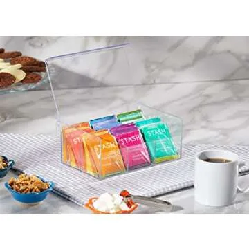RoyalHouse Acrylic Tea Bag Holder Storage Organizer, 6 Compartment BPA Free Clear Plastic Tea Box with Lid, Multi-Purpose storage Box for Tea Bags, Office Supplies, Crafts, and Small Items.