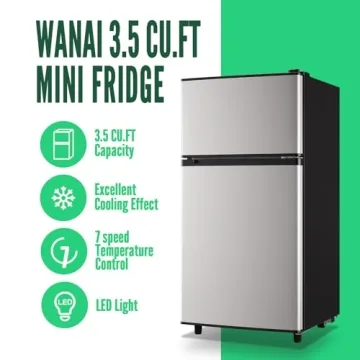 WANAI Mini Fridge with Freezer, 3.5 Cu.Ft, Chic Design and 7 Gear Controls