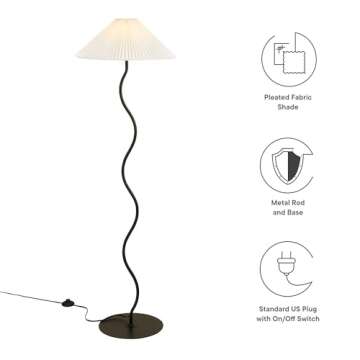 Modway Wave Squiggle Floor Lamp in Black - Modern Ambient Lighting with Pleated Shade - Sturdy Stand...