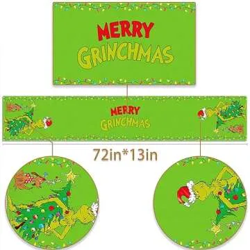 Christmas Table Runner Merry Christmas Whoville Winter Holiday Party Kitchen Fireplace Dining Room Home Decoration (Green, 13" x 72")