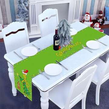 Christmas Table Runner Merry Christmas Whoville Winter Holiday Party Kitchen Fireplace Dining Room Home Decoration (Green, 13" x 72")