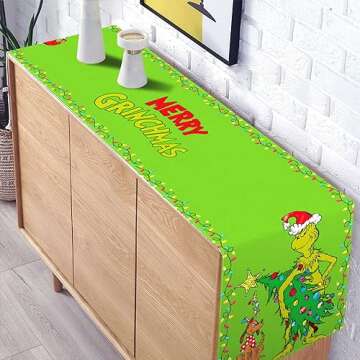 Christmas Table Runner Merry Christmas Whoville Winter Holiday Party Kitchen Fireplace Dining Room Home Decoration (Green, 13" x 72")