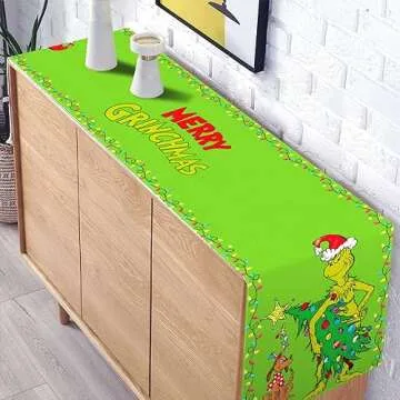 Christmas Table Runner Merry Christmas Whoville Winter Holiday Party Kitchen Fireplace Dining Room Home Decoration (Green, 13" x 72")