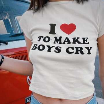 Women Girls Y2K Crop Top Letter Print Baby Tees Grunge T-Shirt White M