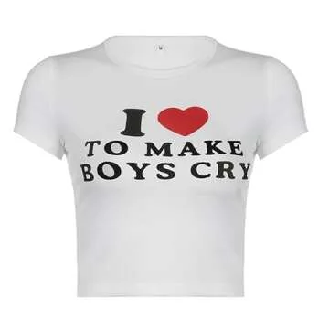 Women Girls Y2K Crop Top Letter Print Baby Tees Grunge T-Shirt White M