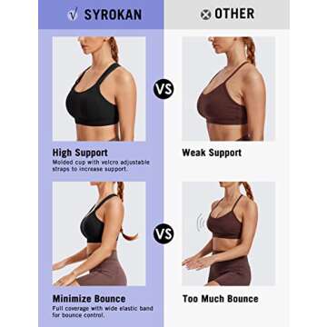 SYROKAN Women's Sports Bra High Impact Front Adjustable Support Lightly Padded Wireless Racerback Workout Running Black_New 38DD